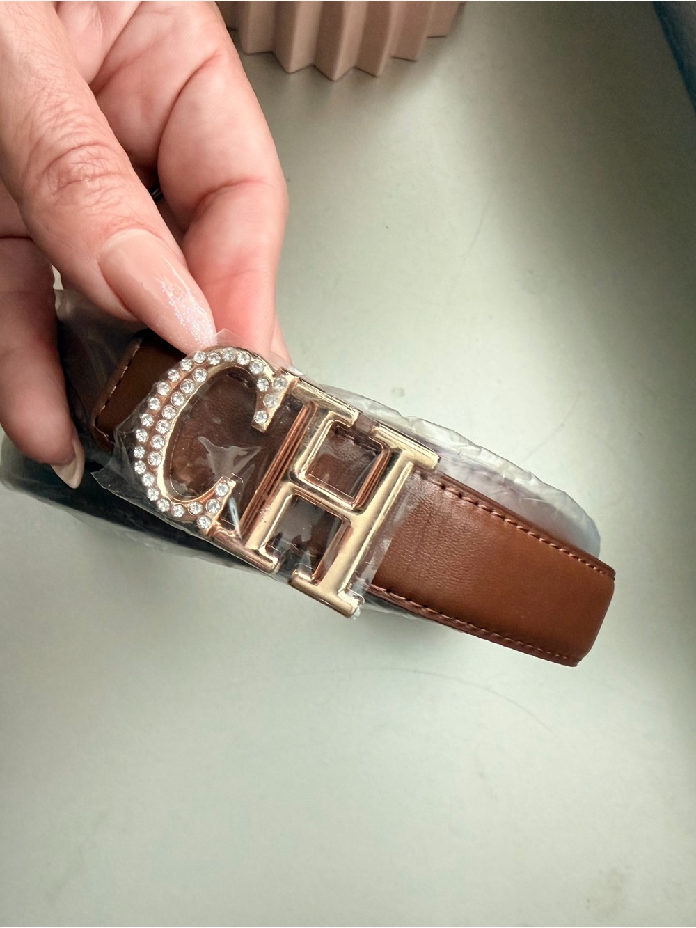 New CH Crystal-Embellished Brown Leather Belt for women size XL(110CM)